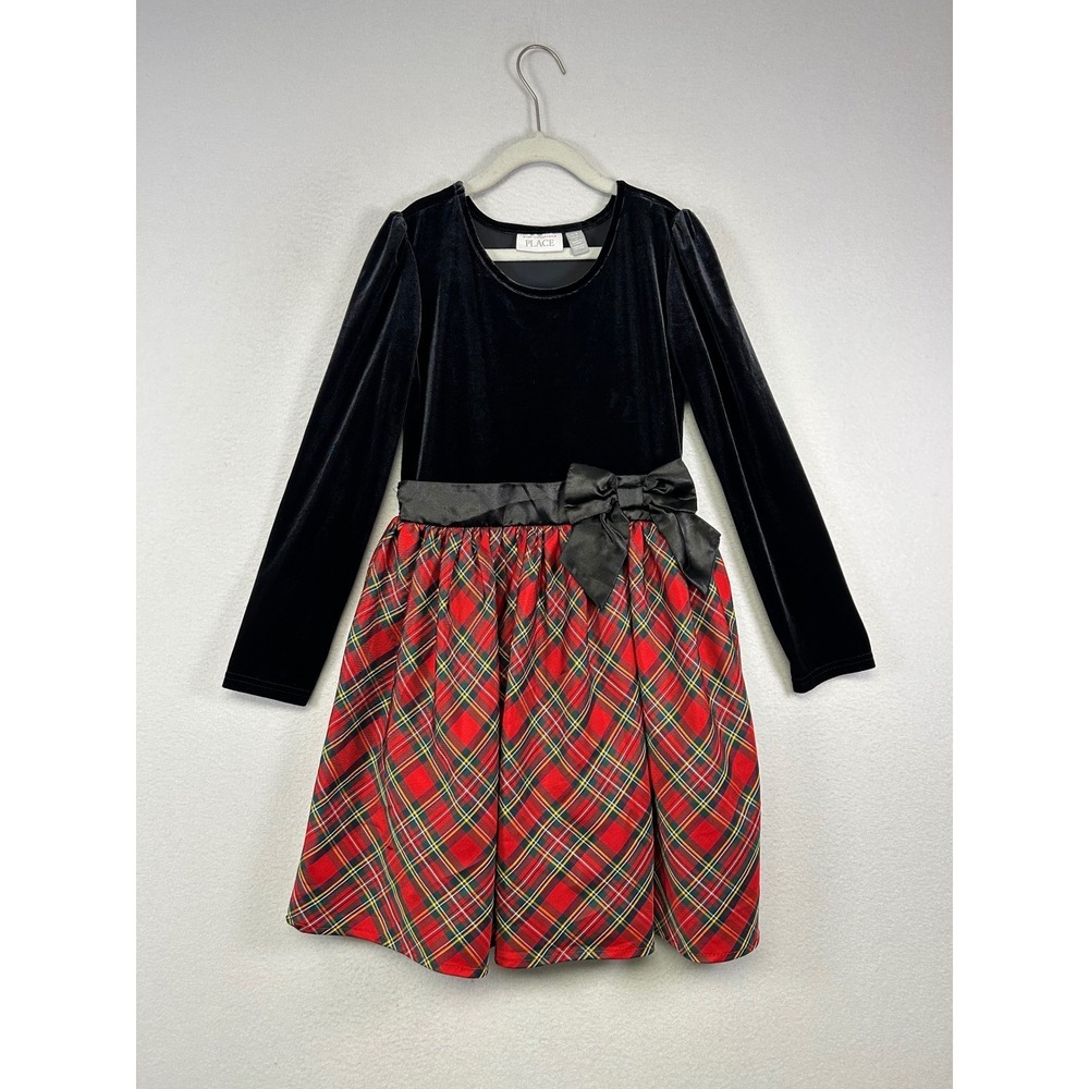 Holiday Plaid The Childrens Place Kids 7/8 Black Red Velvet Tartan Bow Dress